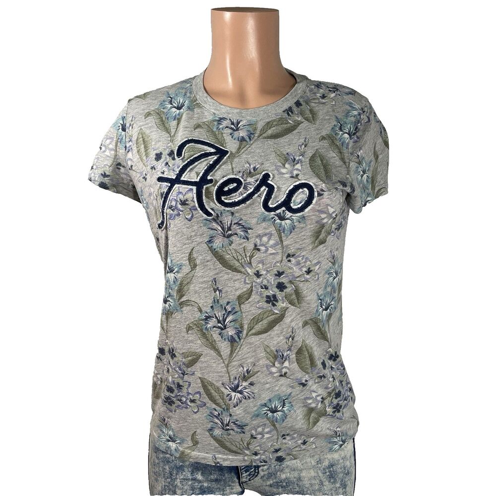 Aeropostale Floral Graphic Tee L Gray Coquette Y2K Crewneck Short Sleeve Top